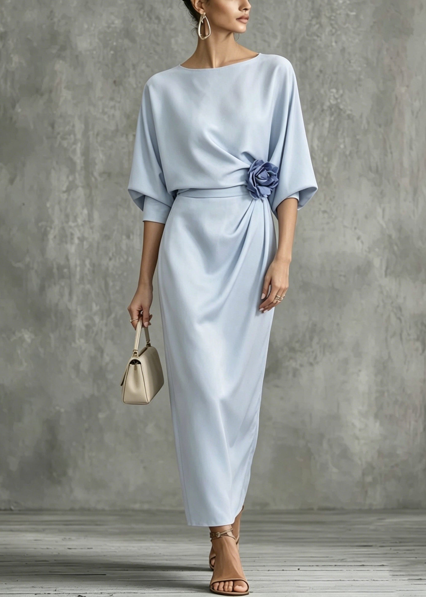 Italian Blue O Neck Cotton Maxi Dress Summer