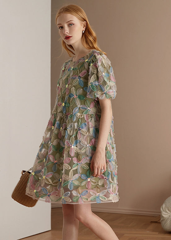 Italian Green O Neck Patchwork Tulle Mid Dresses Puff Sleeve