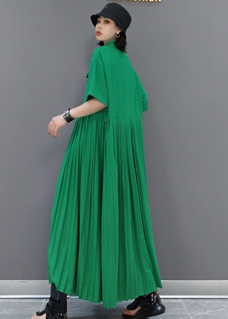 Italian Green Peter Pan Collar Patchwork Wrinkled Color Cotton Shirt Dress Short Sleeve