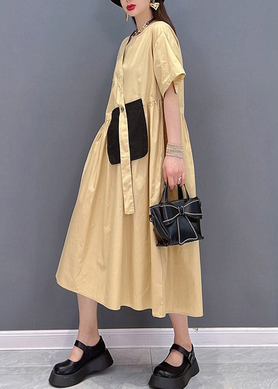 Italian Khaki O-neck Button Pockets Patchwork Wrinkled Dress Short Sleeve