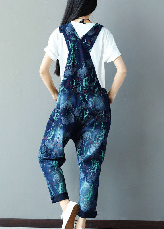 Italian Navy Print Cotton Denim Jumpsuits Ripped Jeans Spring