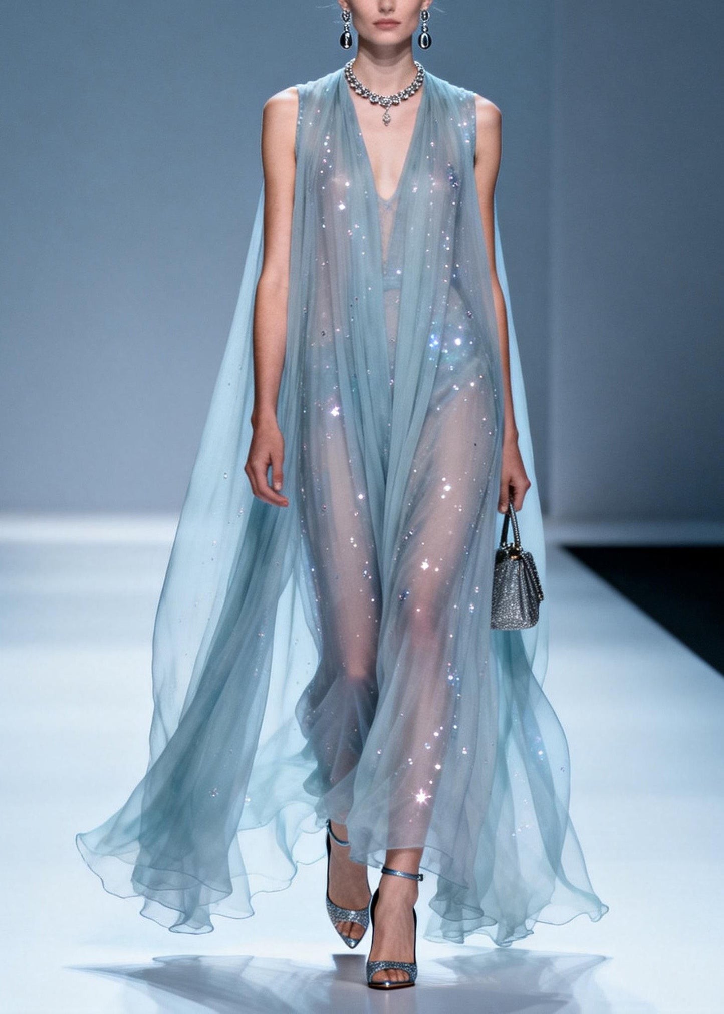 Italian V Neck Zircon Patchwork Chiffon Dress Sleeveless