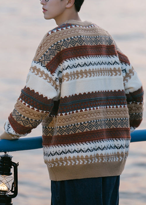 Jacquard Brown O Neck Cozy Knit Sweaters Fall
