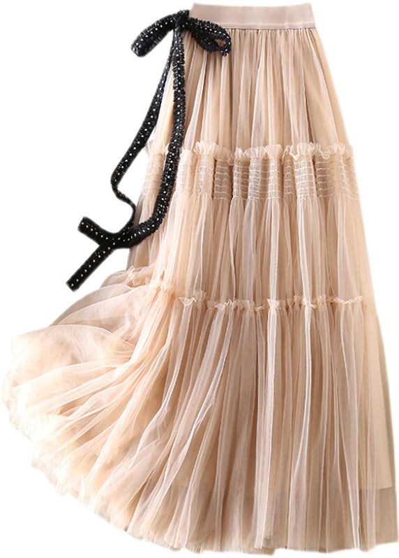 Loose Beige Bow Wrinkled Tulle Skirt Spring