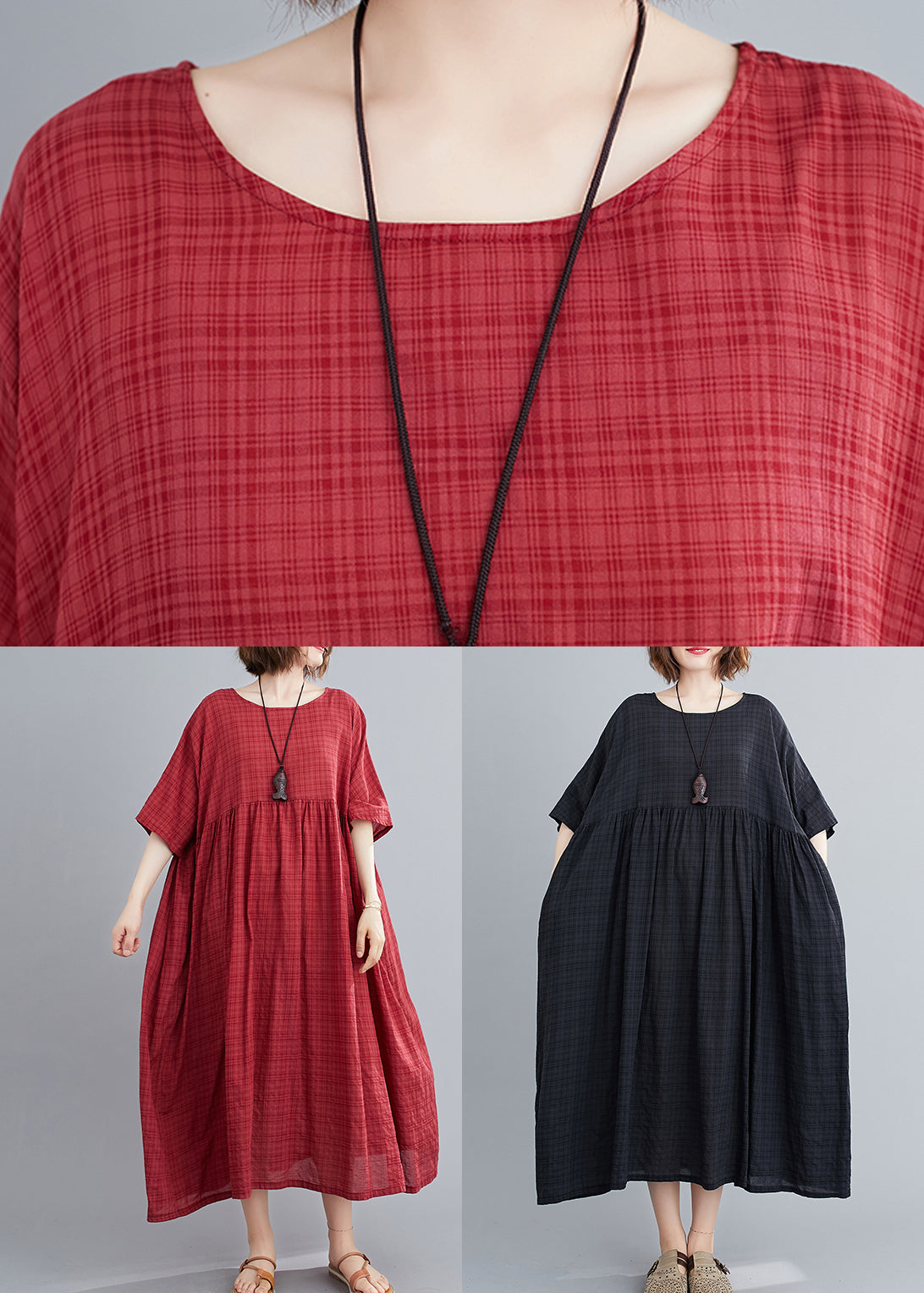 Loose Black O-neck Plaid Patchwork Maxi Dresses Summer