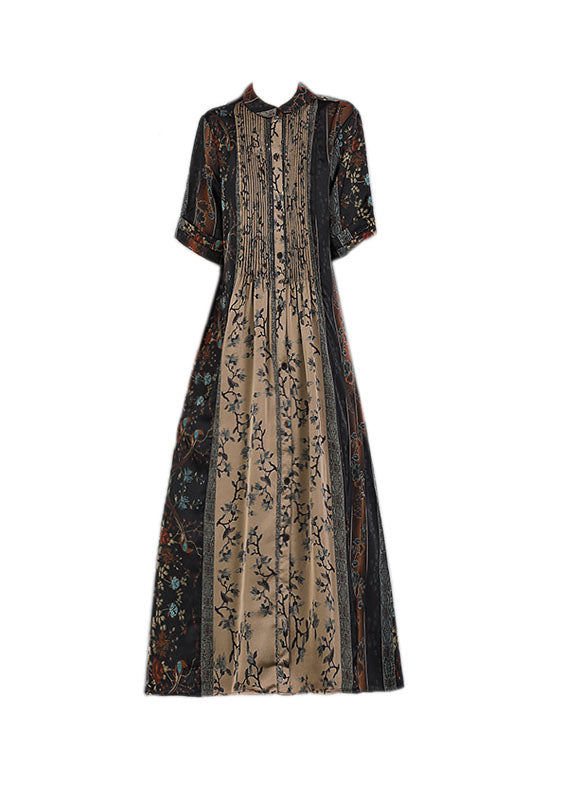 Loose Black O-neck Print Patchwork Wrinkled Silk Party Dress Short Sleeve