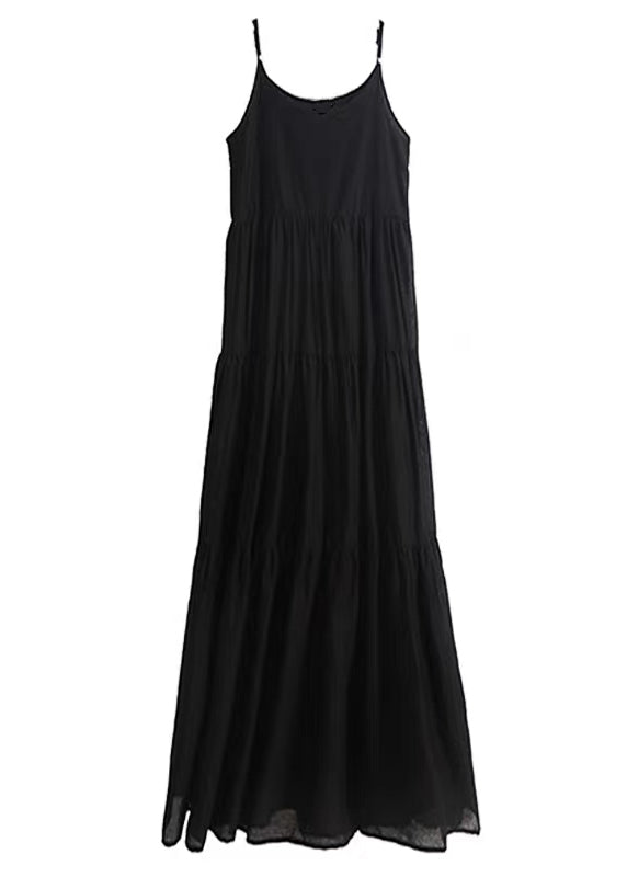 Loose Black O-neck Wrinkled Patchwork Cotton Spaghetti Strap Dress Sleeveless