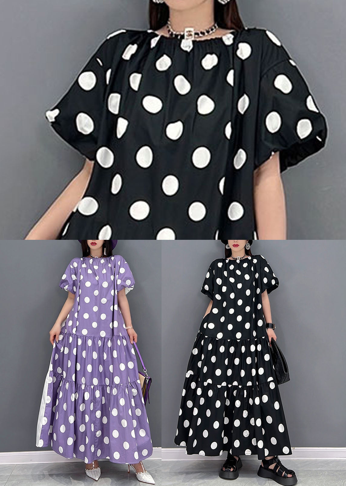 Loose Black O-neck Wrinkled Wear on Both Sides Cotton Long Dress Short Sleeve