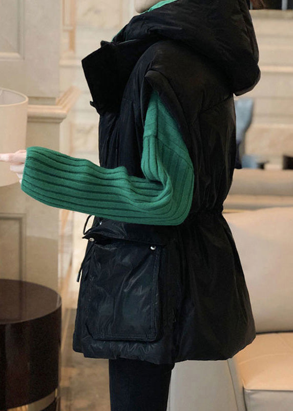 Loose Black Waistcoat and Green Sweaters Cotton Filled Two Pieces Set Sleeveless