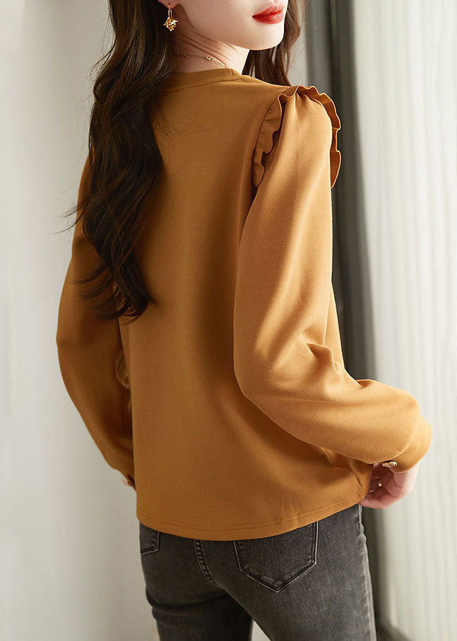 Loose Caramel O-neck Ruffled Button Cotton Sweatshirts Top Spring