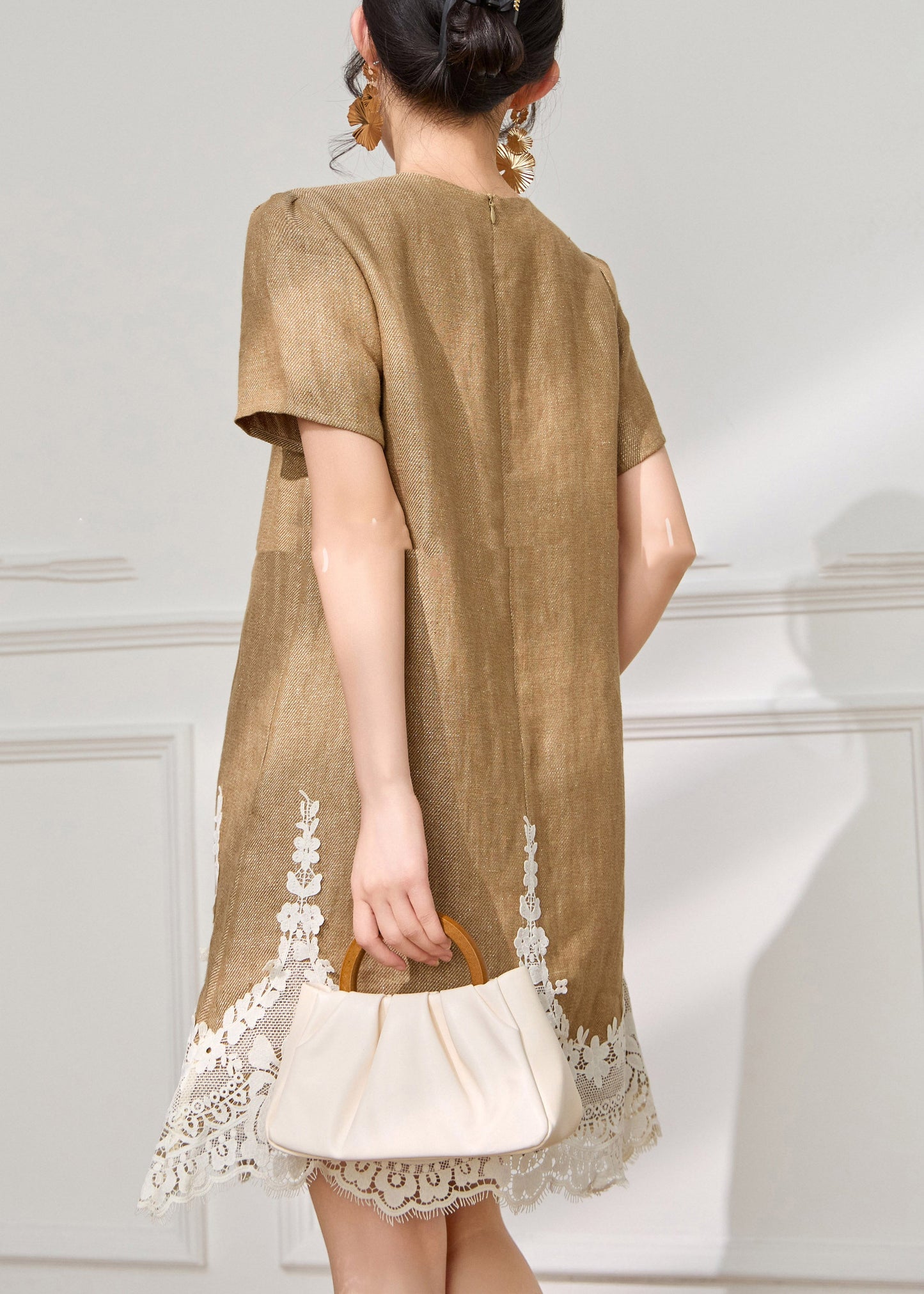 Loose Coffee O-neck Lace Patchwork Mid Dress Short Sleeve