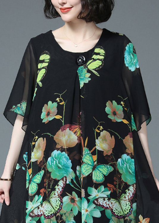 Loose Green Butterfly Print O-neck Chiffon Dress Half Sleeve