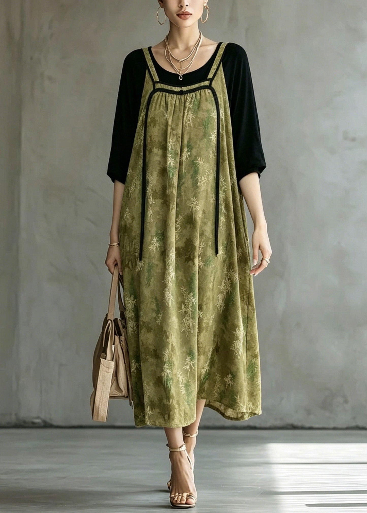 Loose Green O-neck Patchwork Fake Two-piece Long Dresses Half Sleeve