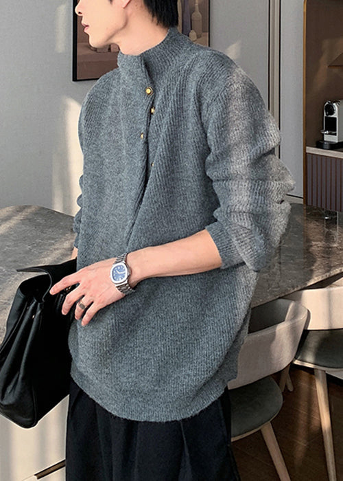 Loose Grey Button Knit Sweater Spring