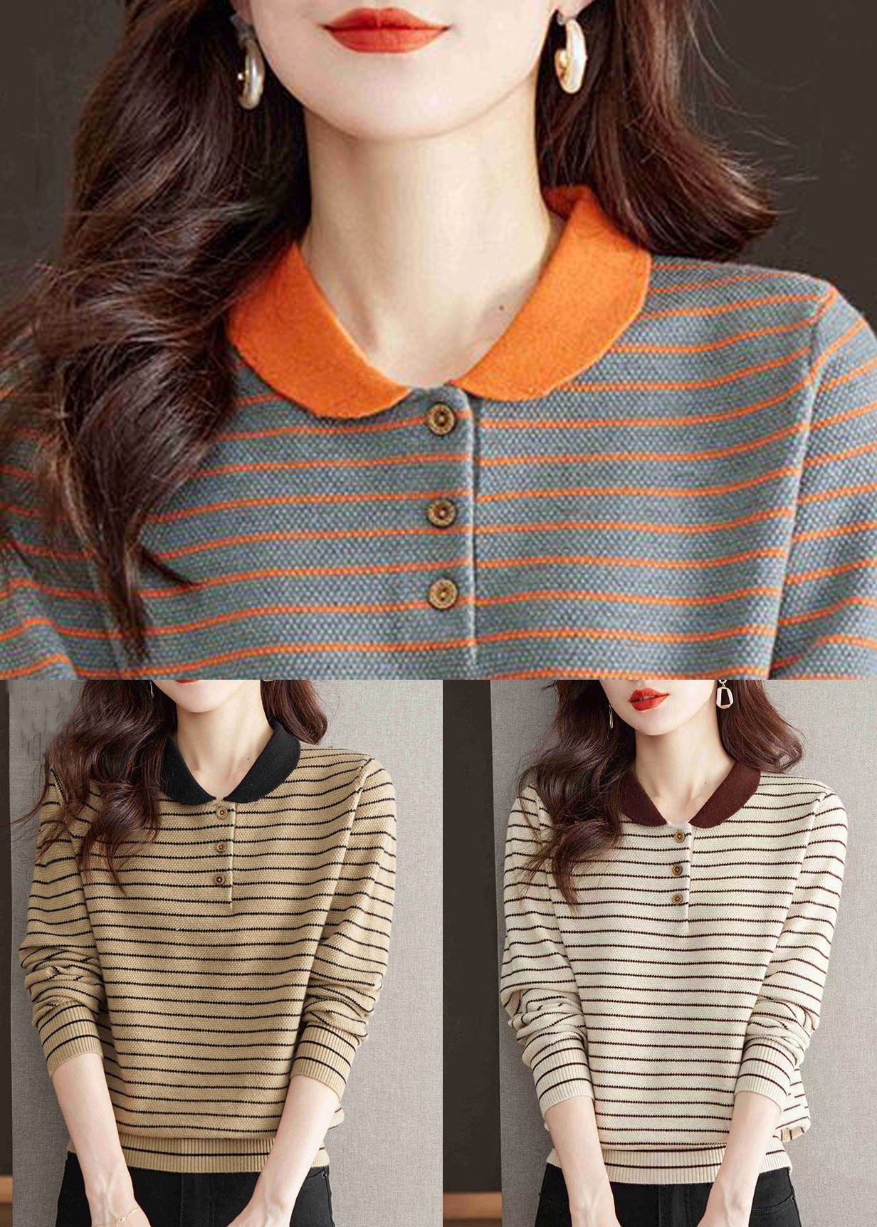 Loose Grey Peter Pan Collar Striped Knit Sweater Spring