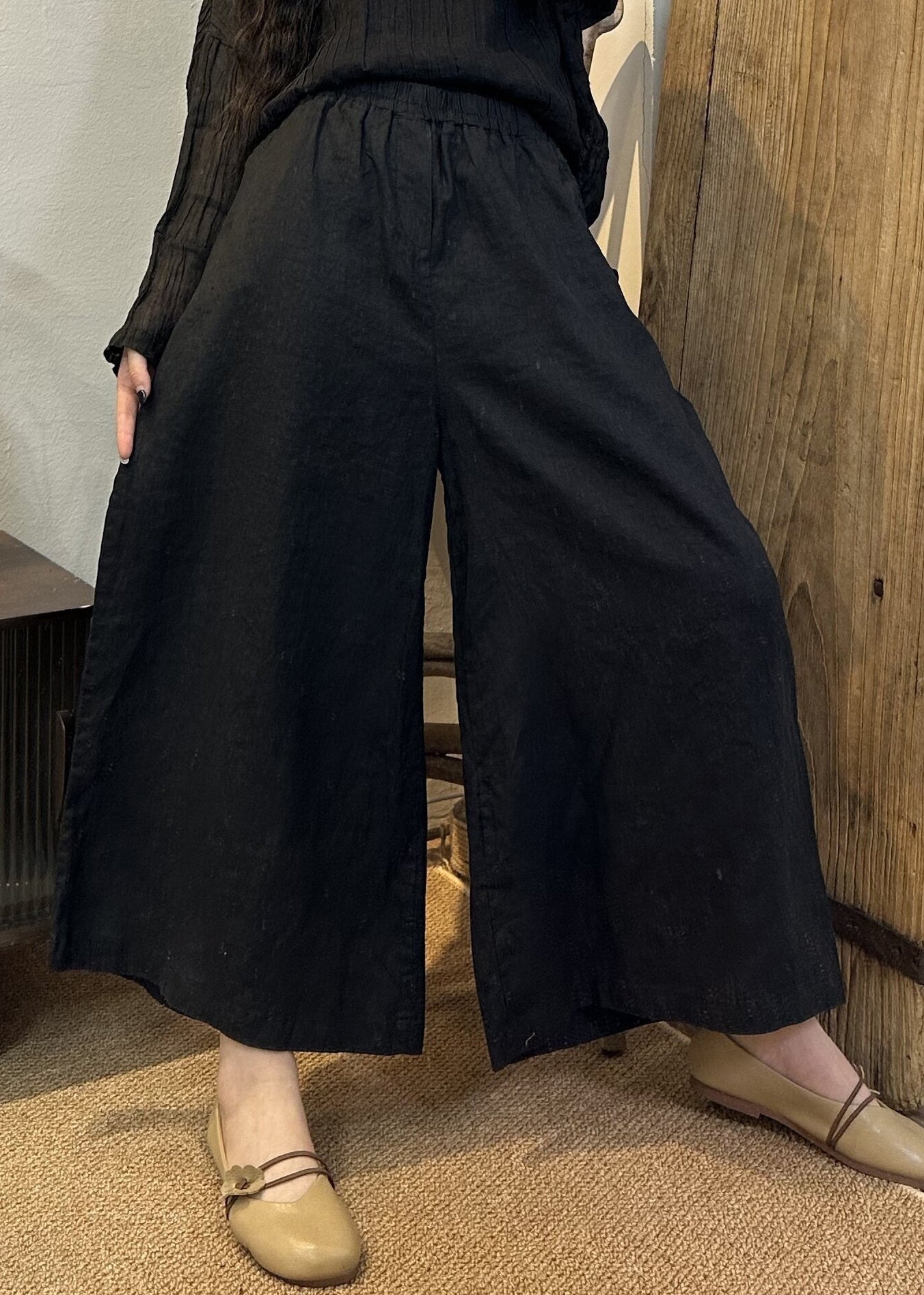 Loose Khaki Elastic Waist Linen Wide Leg Pants Summer