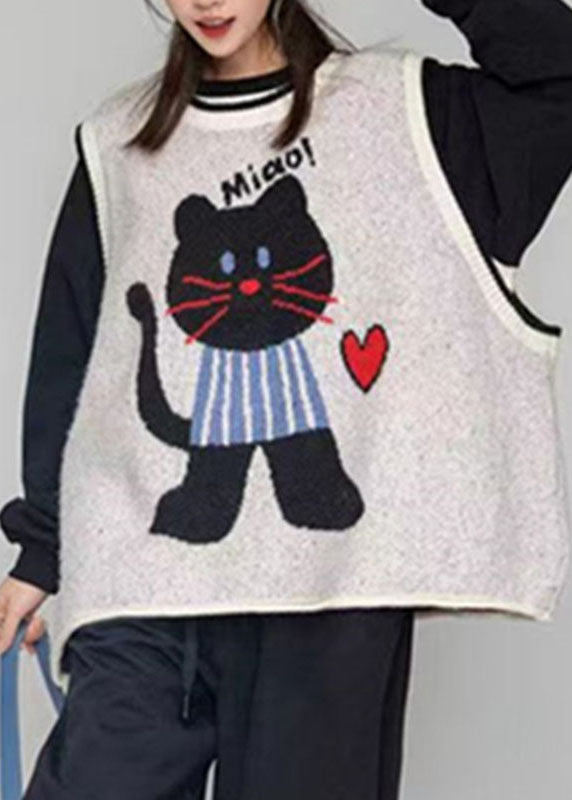 Loose Light Grey O-neck Animal Cozy Cotton Knit Waistcoat Fall