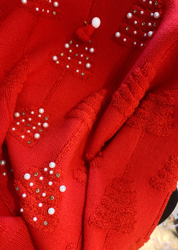 Loose Red O-neck Nail Bead Patchwork Cotton Knit Sweaters Spring