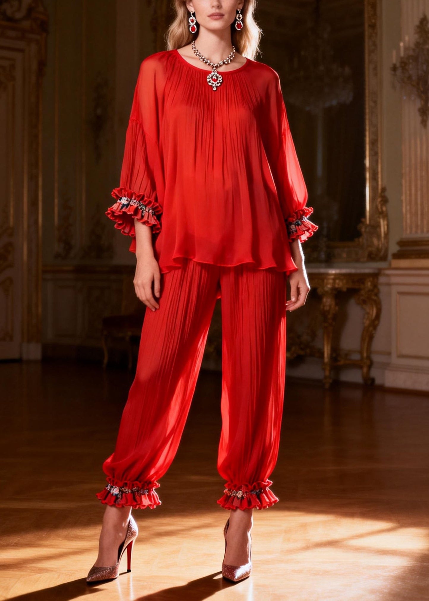 Loose Red O Neck Ruffled Tops and Crop Pants Two Piece Set Bracelet Sleeve