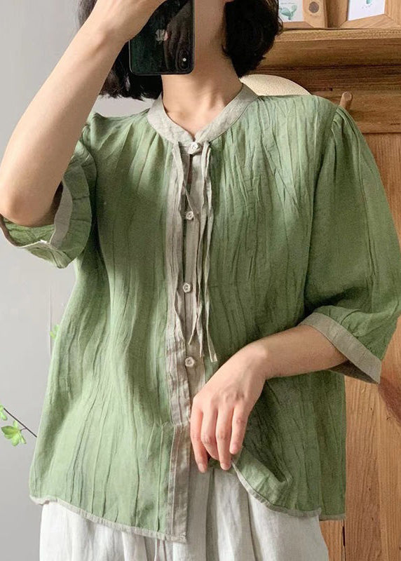 Loose White O-neck Button Linen Shirt Bracelet Sleeve