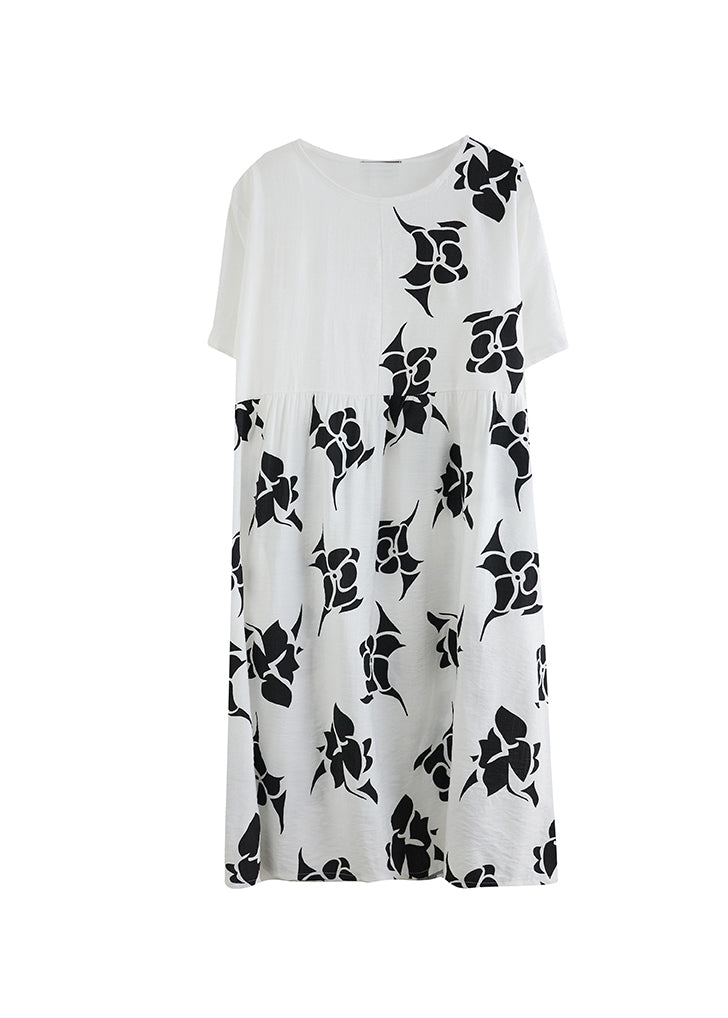 Loose White O-neck Cinched Asymmetrical Design Print Dresses Short Sleeve