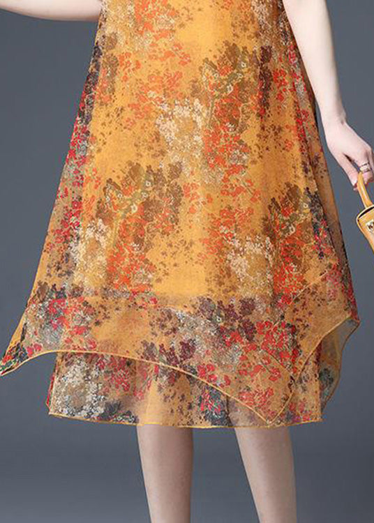 Loose Yellow O-neck Print Asymmetrical Tulle Maxi Dresses Short Sleeve