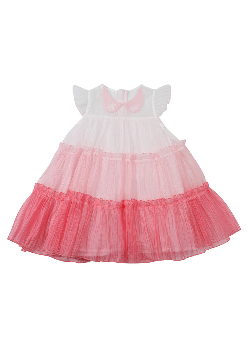 Pink Ruffled Patchwork Tulle Kids Layered Maxi Dresses Sleeveless