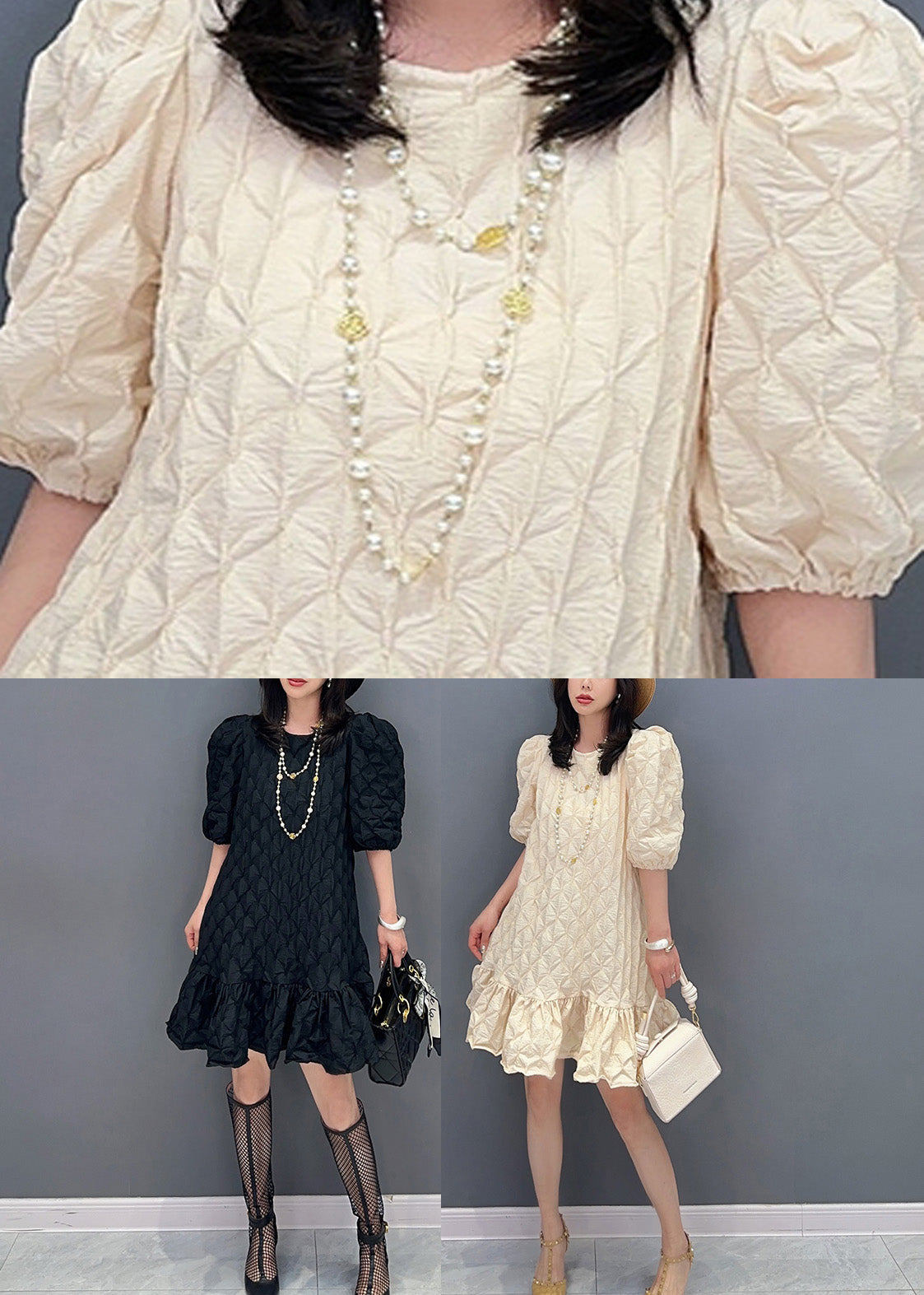 Modern Beige O-neck Plaid Mid Dress Summer