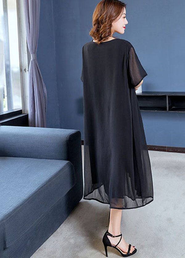Modern Black O-neck Print Draping Chiffon Dresses Short Sleeve