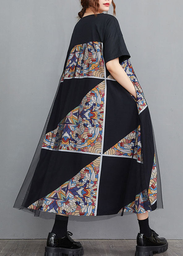 Modern Black O-neck Tulle Patchwork Geometric Print Cotton a Line Dresses Short Sleeve