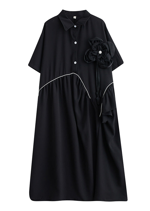 Modern Black Peter Pan Collar Patchwork Button Party Maxi Dress Short Sleeve