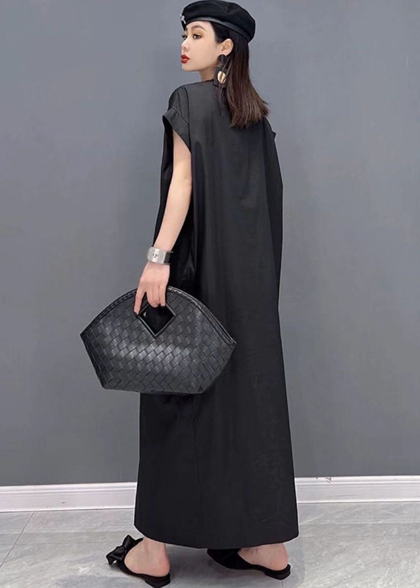 Modern Black V Neck Button Pockets Cotton Long Shirt Dresses Short Sleeve