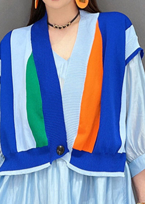 Modern Blue V Neck Striped Patchwork Button Wrinkled Dresses Half Sleeve