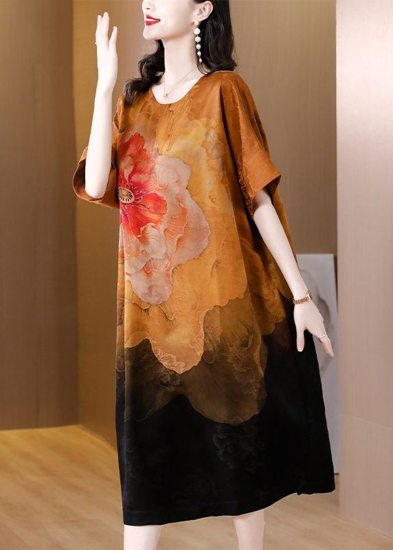 Modern Khaki Oversized Print Silk Dress Summer