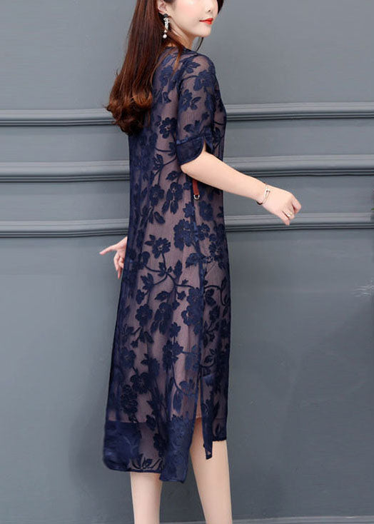Modern Navy O-neck Embroideried Chiffon Long Dress Summer