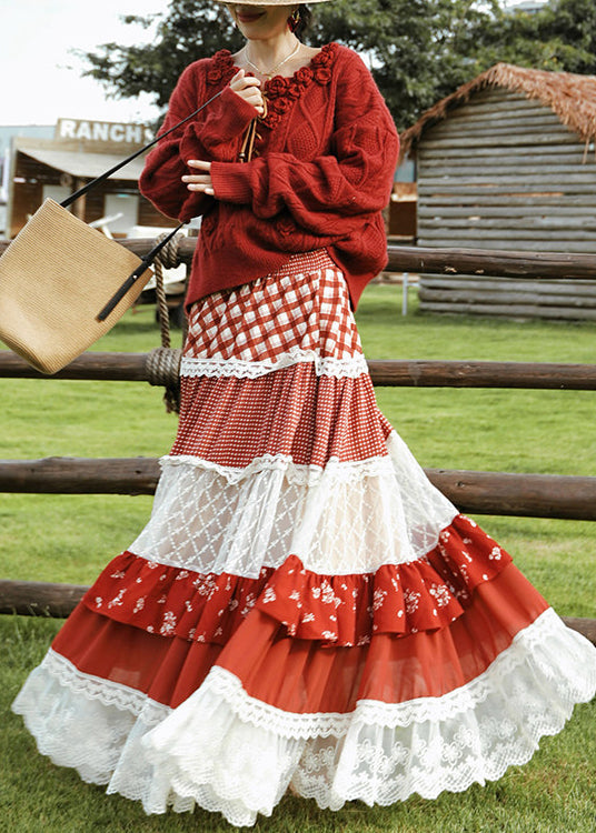 Modern Red Exra Large Hem Patchwork Lace Holiday Skirts Spring