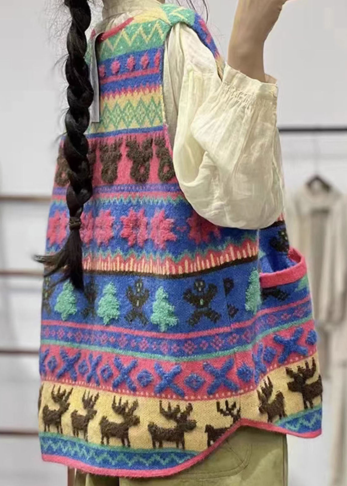 Modern Red V Neck Animal Button Cotton Knit Waistcoat Fall