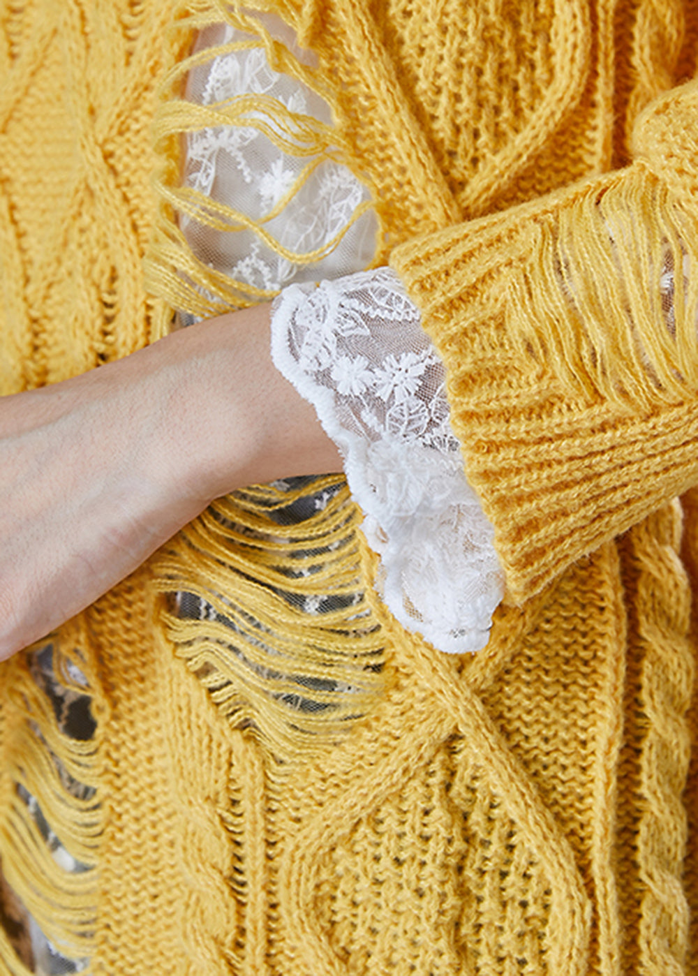 Modern Yellow Thick Knit Ripped Sweater and Lace Dress Two Pieces Set Winter