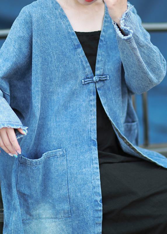 Modern V Neck Quilting Dresses Denim Blue Embroidery Dress