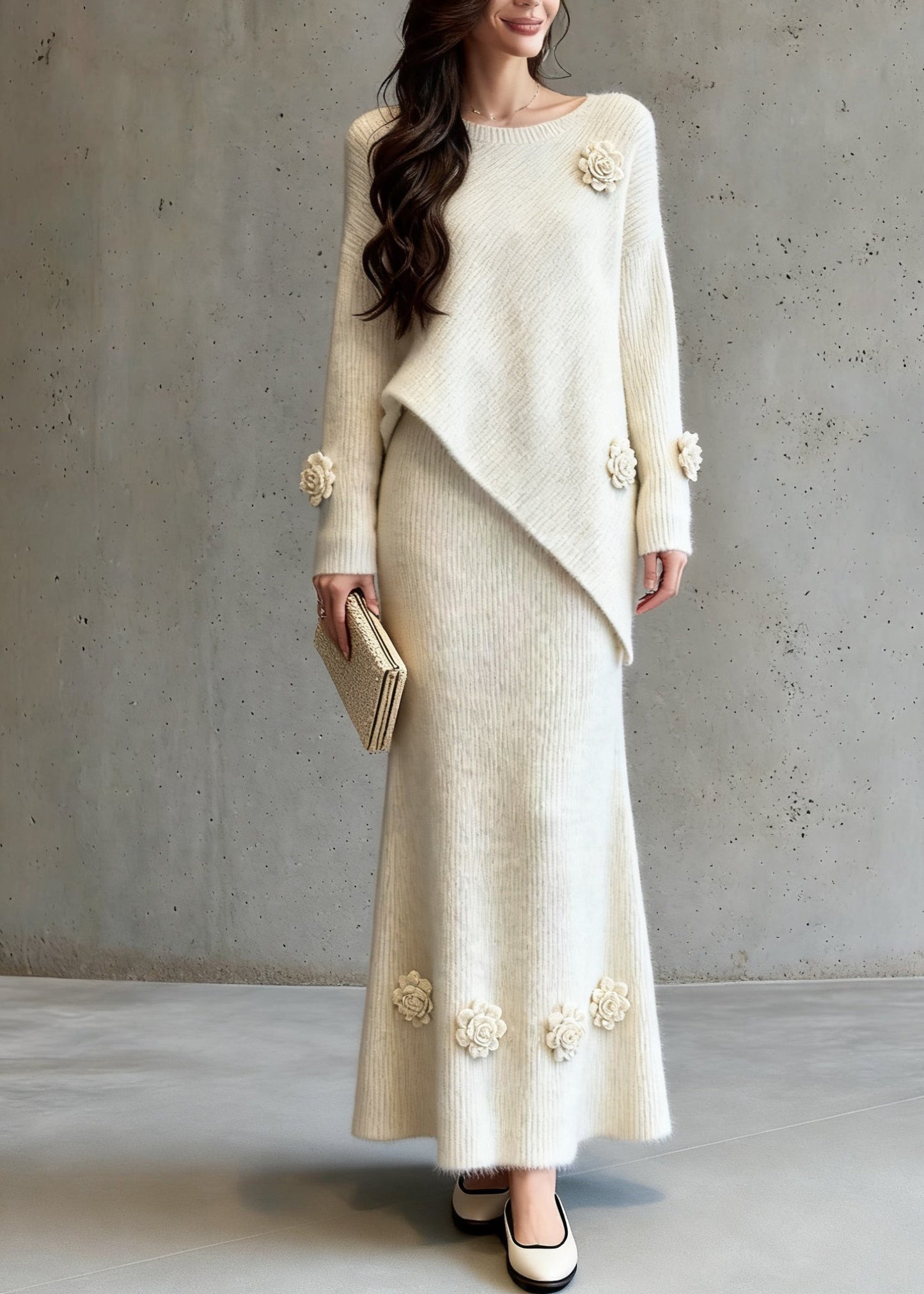 Natural Asymmetrical Cotton Knit Sweaters and a Line Skirts Two-piece Set Spring