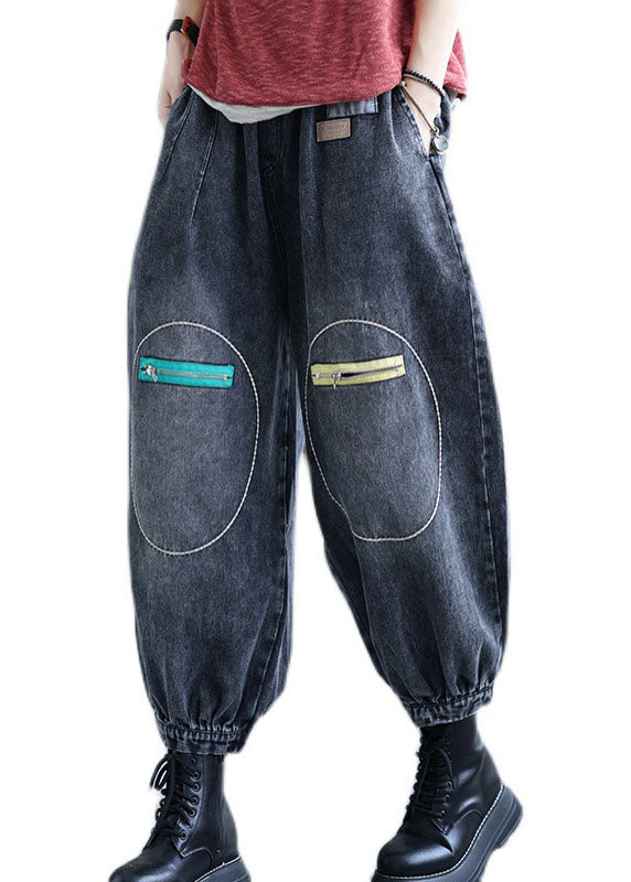 Natural Black Elastic Waist Pockets Fall Denim Pants