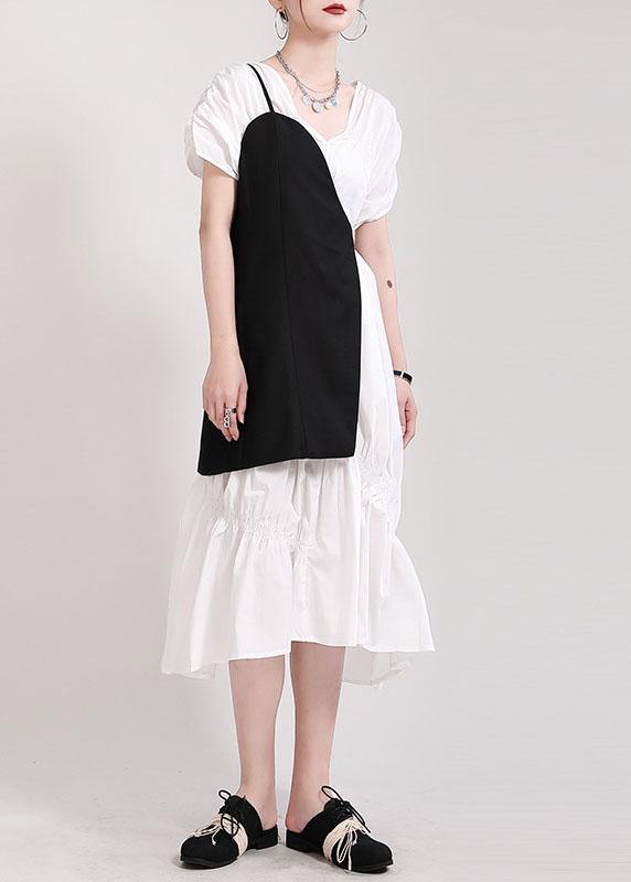 Natural Black Cotton V Neck Asymmetrical Design Summer Vacation Dress Short Sleeve