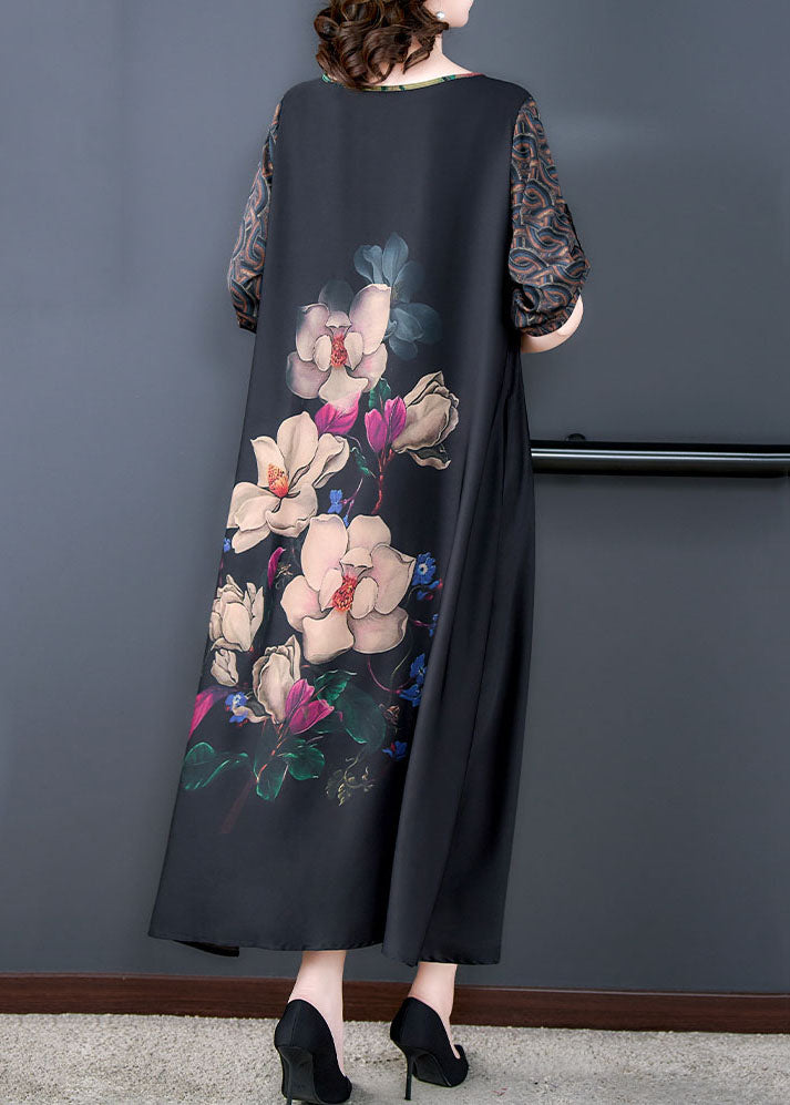 Natural Black O Neck Print Patchwork Silk Long Dresses Summer