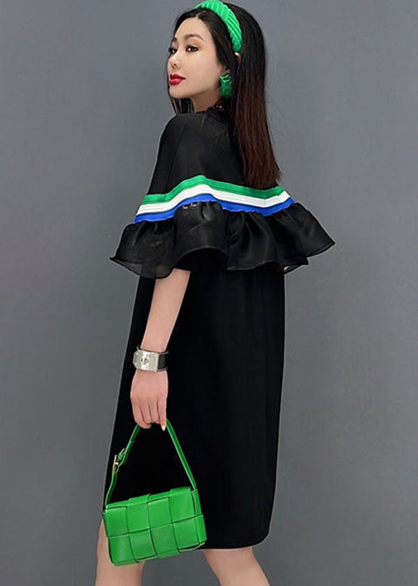 Natural Black O-neck Patchwork Ruffles Print Cotton Maxi Dresses Short Sleeve