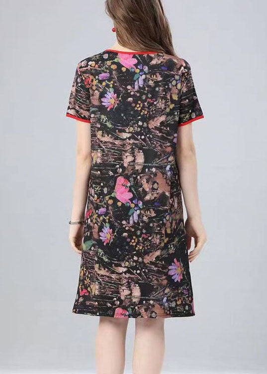 Natural O Neck Print Patchwork Cotton Mid Dress Summer