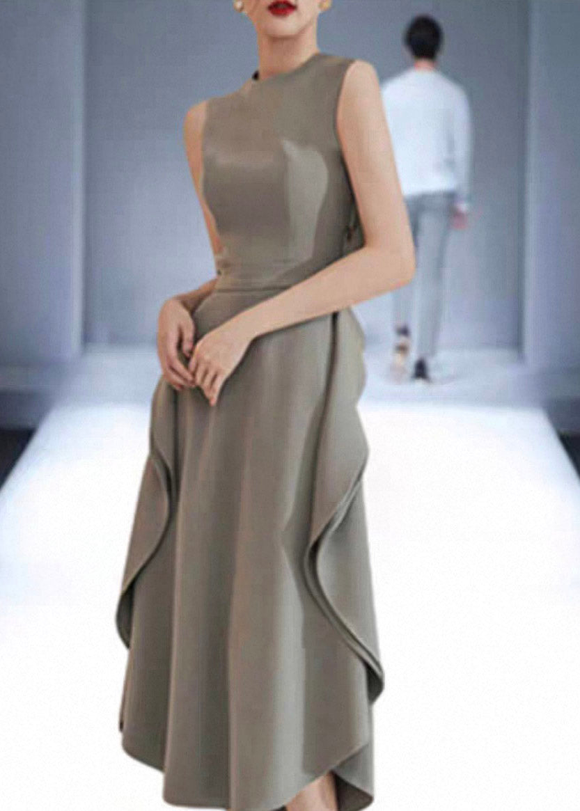 Natural Grey Green O-neck Ruffled Patchwork Long Dresses Summer