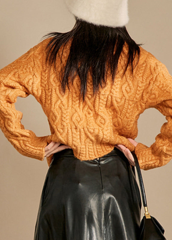 Natural Orange O-neck Cable Thick Cotton Knit Sweaters Spring