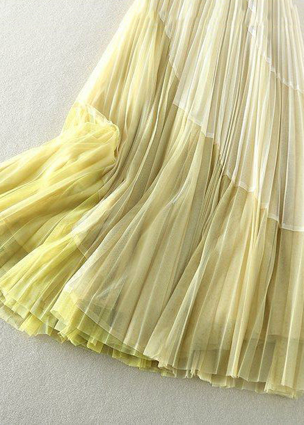 Natural Yellow Elastic Waist Patchwork Tulle Pleated Skirts Spring