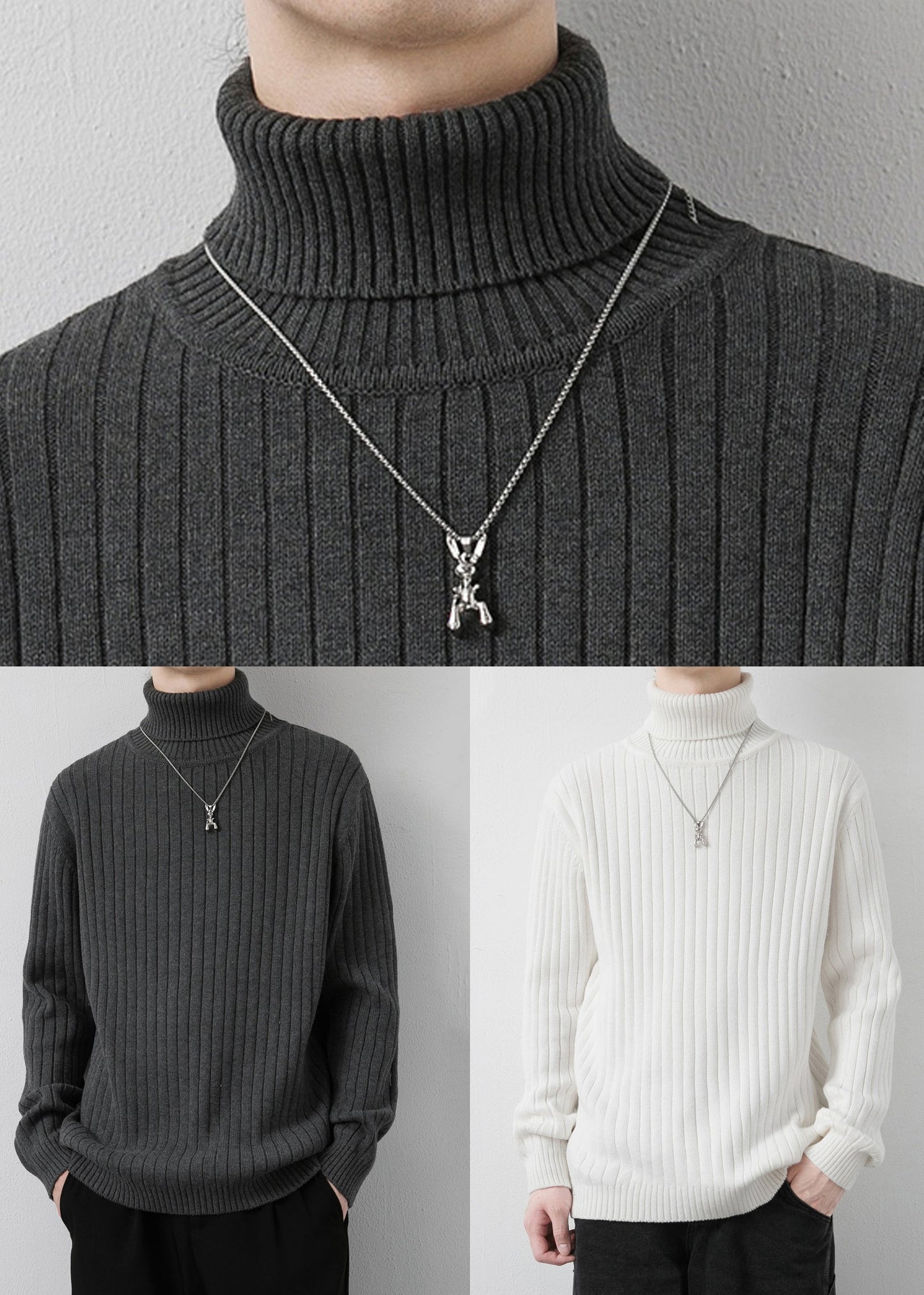 New Dark Gray Turtleneck Thick Knit Sweaters Winter