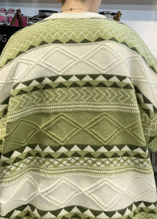 New Green O Neck Cozy Patchwork Knit Sweaters Fall